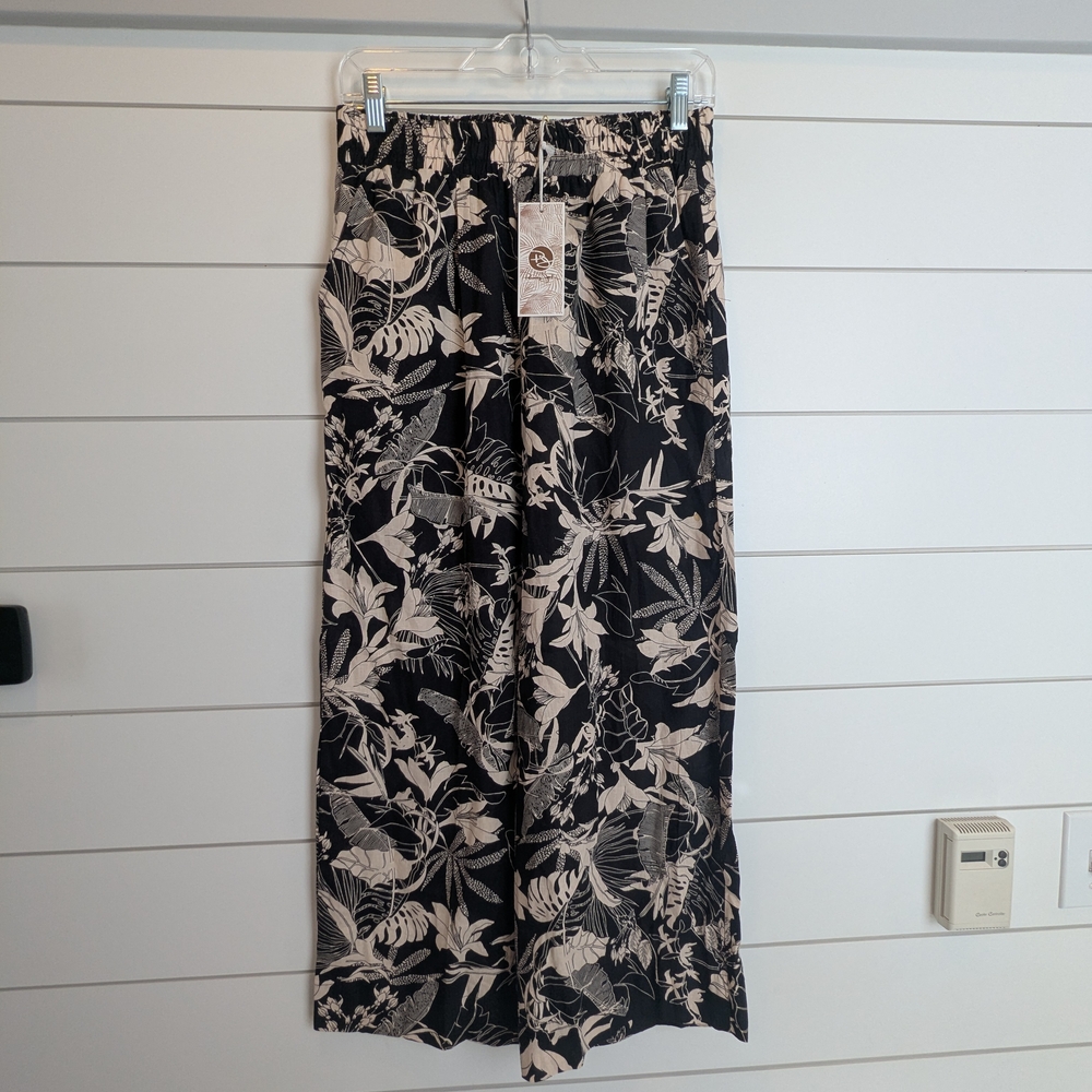 Panama Jack Tropical Leaf Print Linen Blend Palazzo Pants Wide Leg Size Small